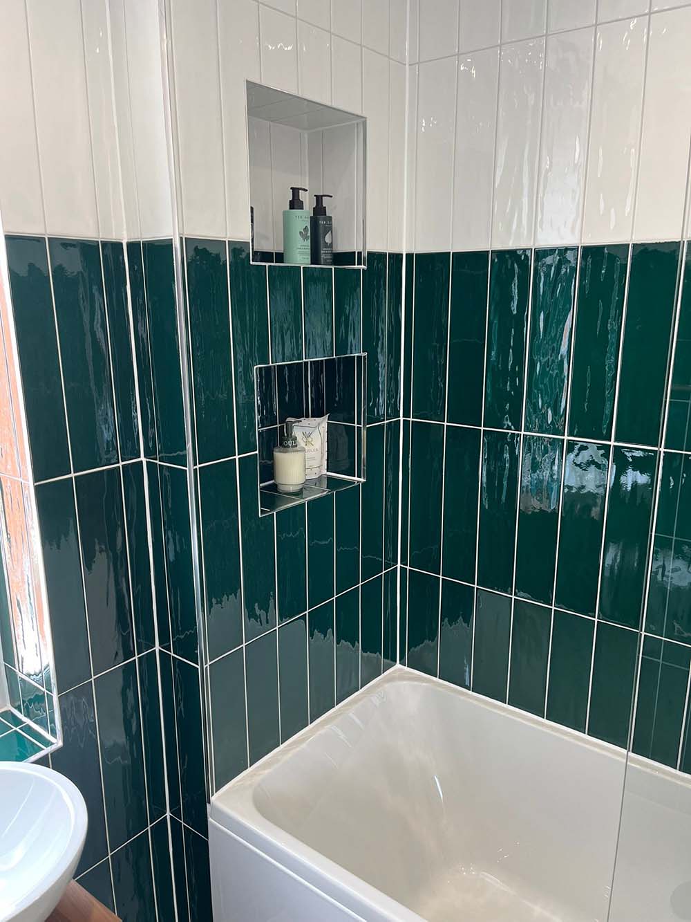 Bathroom installation, green tiles, by Morris-Last plumbing and heating services, Rossendale