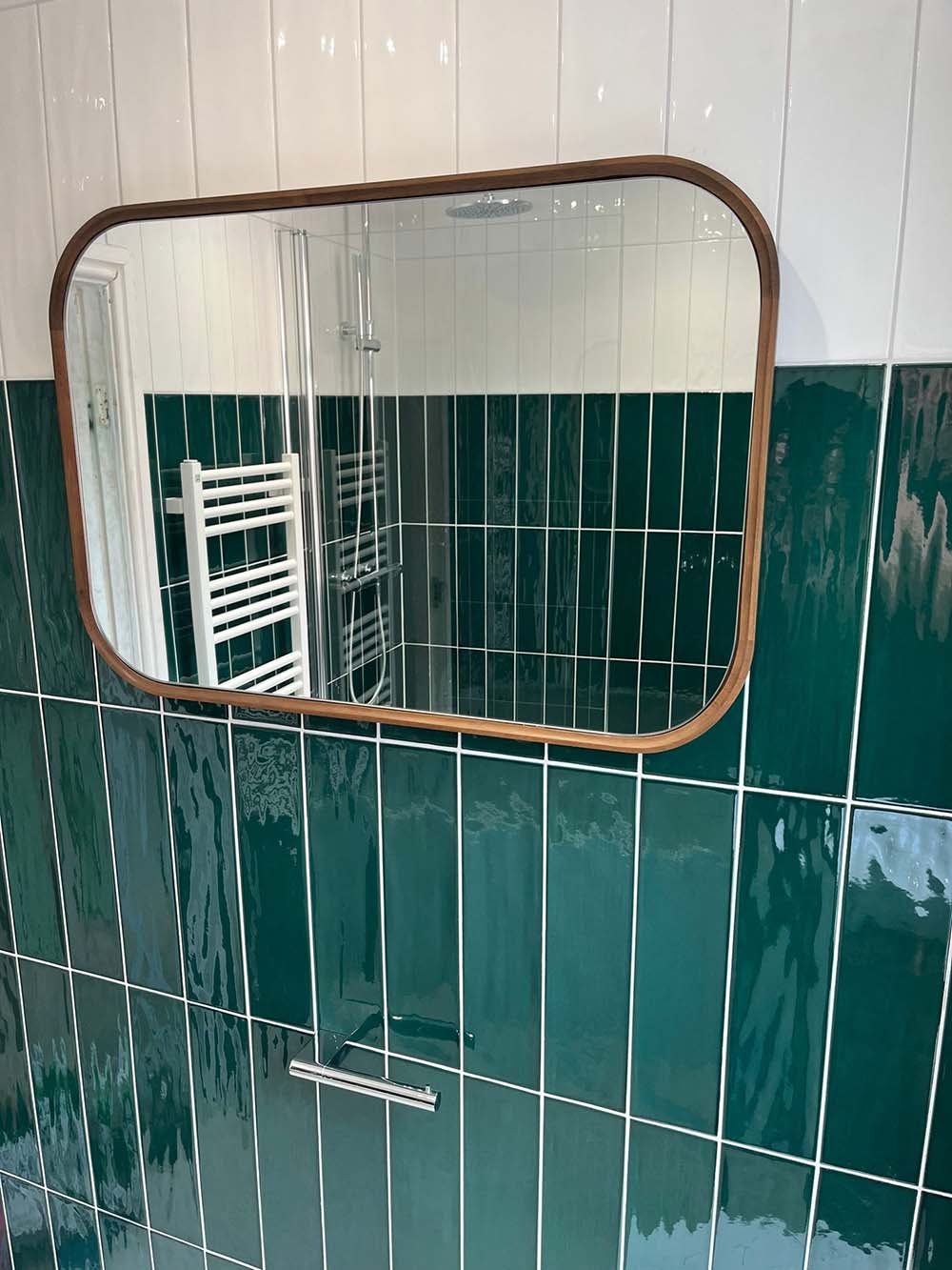 Bathroom mirror, green tiles by Morris-Last plumbing and heating services, Rossendale