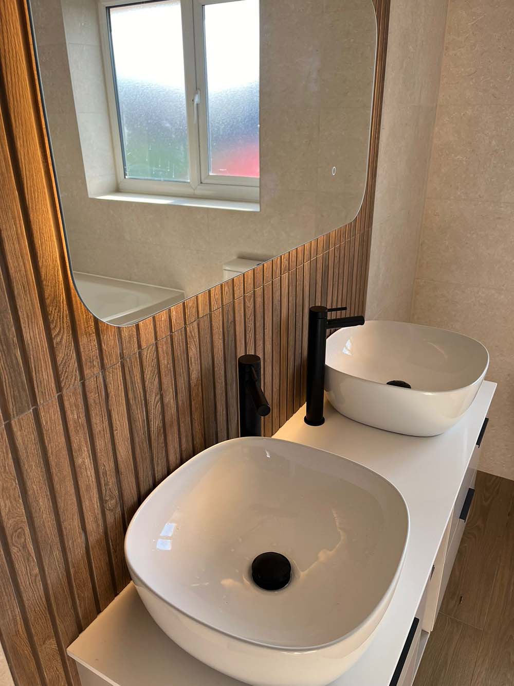 double sink, bathroom mirror, bathroom installation by Morris-Last plumbing and heating services, Rossendale