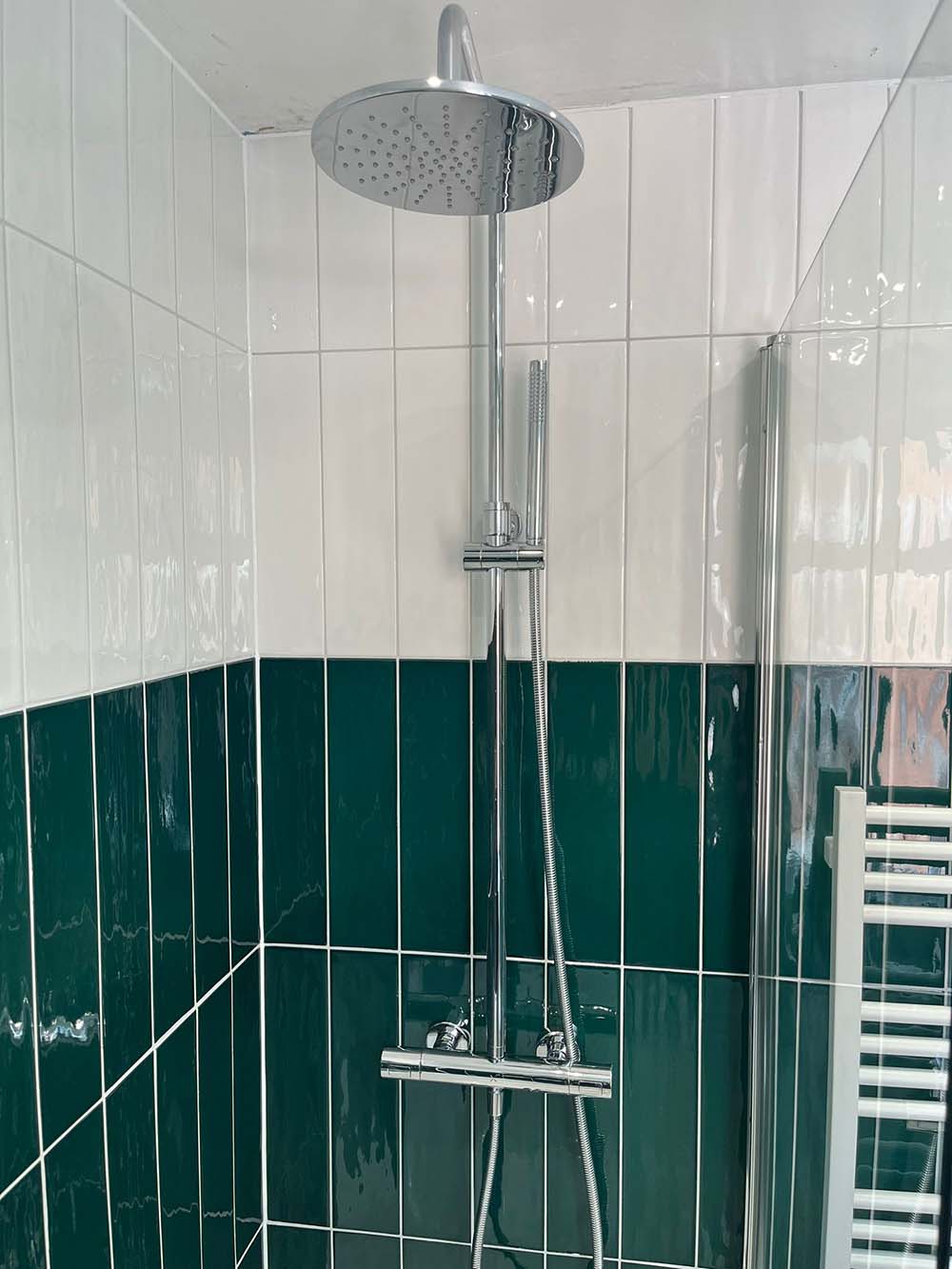 Shower, green tiles, bathroom installation by Morris-Last plumbing and heating services, Rossendale