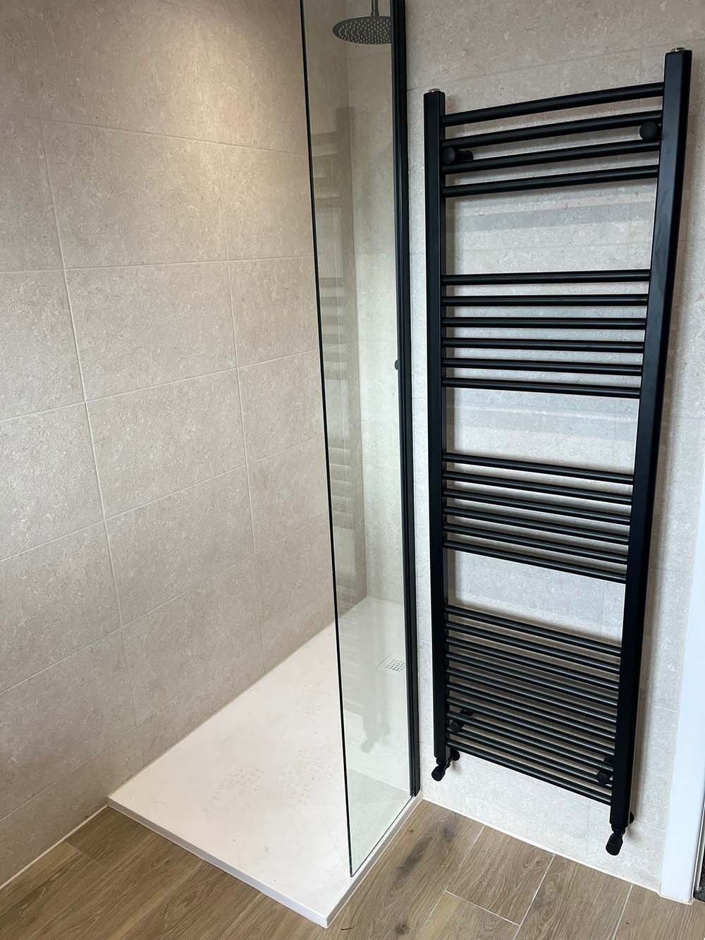 Long wall radiator and walk in shower, part of bathroom installation by Morris-Last plumbing and heating services, Rossendale